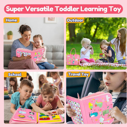 Qizfun Busy Board Book Montessori Toys for 1 2 3 4 Year Old, Girl Birthday Gifts, Educational Sensory Learning Toys for Toddlers 1-3, Car Airplane Travel Activities Toys for Kids Ages 2-4 Year Old