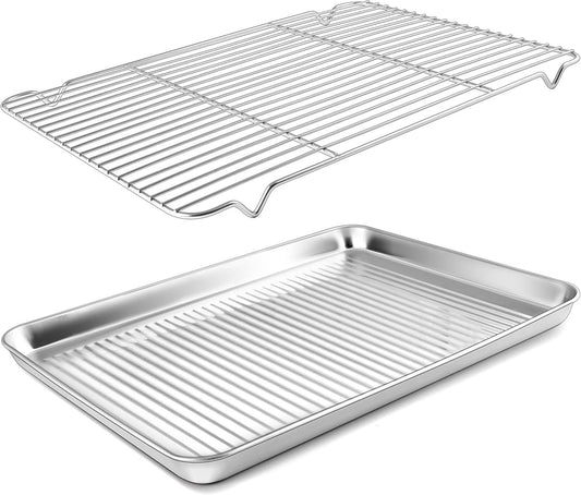 Herogo Baking Pan Sheet with Cooling Rack Set for Oven, 18 x 13 x 1 Inch, Stainless Steel Fluted Bakeware Cookie Sheet Tray Non-Stick, Dishwasher Safe