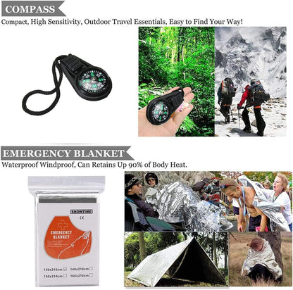 EZONEDEAL Survival Kit Outdoor Emergency Survival Tool Gear Kit for Camping Hiking Equipment Travelling or Adventures | Fire Starter, Compass, Blanket
