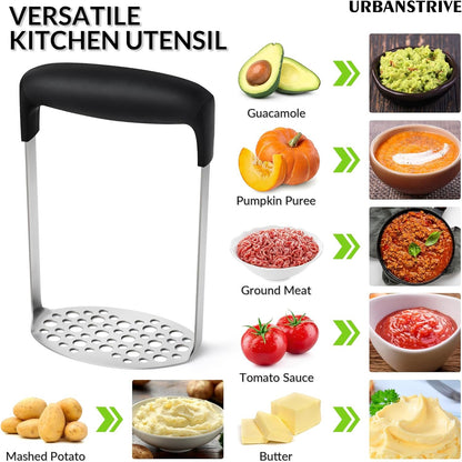 Urbanstrive Upgraded Smooth Mash Potato Masher Stainless Steel, Durable Mashed Potatoes Masher Kitchen Tool, Easy-to-Clean, Soft Non-slip Handle, Kitchen Utensils, Kitchen Gadgets, Black