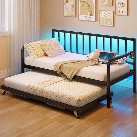 Rolanstar Daybed with Charging Station and LED Lights, Height Adjustable Twin Daybed with Trundle, Metal Single Sofa Bed Frame with Steel Slats for Living Room, Bedroom and Guest Room, Black