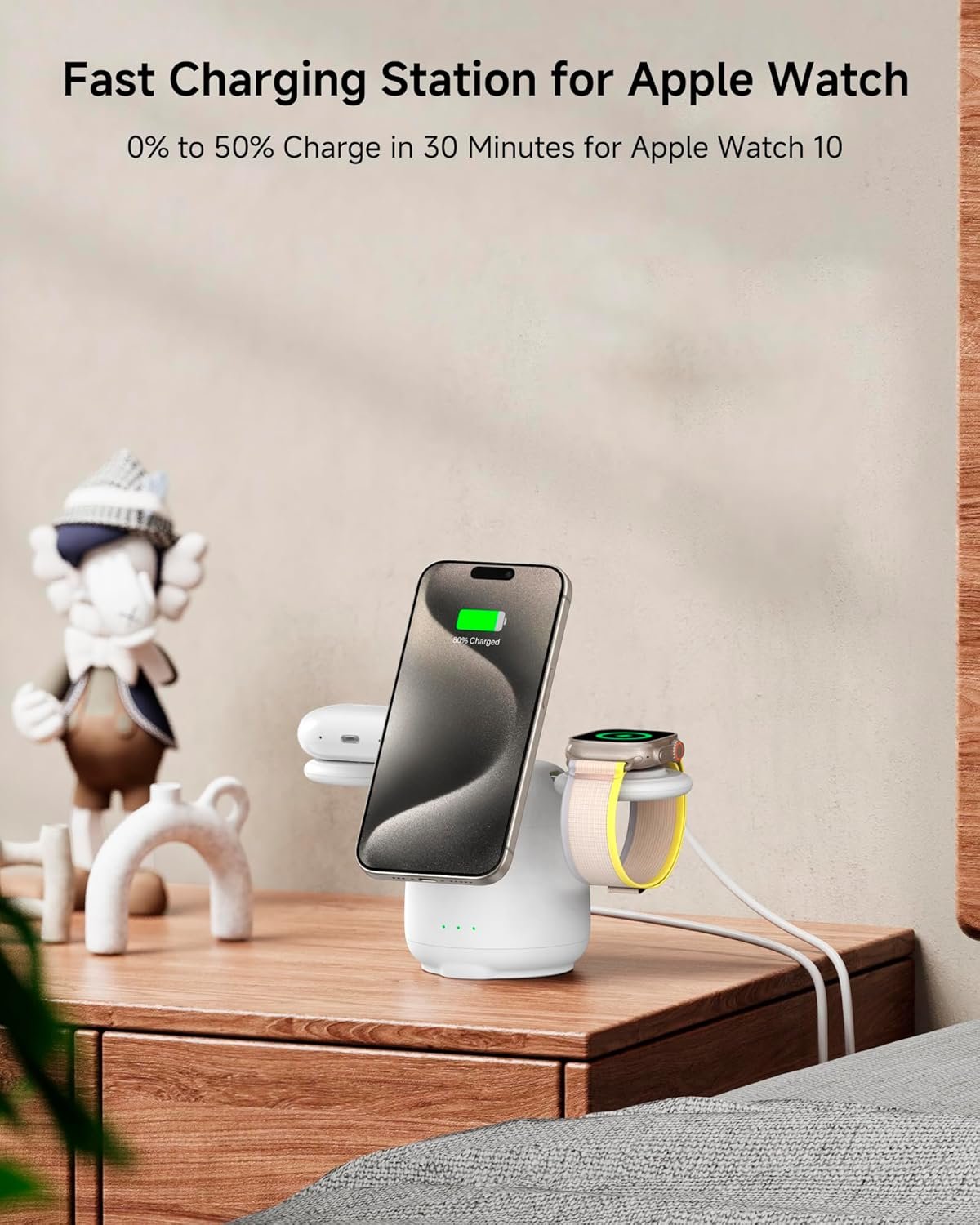 SwanScout Wireless Charging Station for MagSafe, SwanScout 707M, 3 in 1 Magnetic Wireless Charger Stand for iPhone 16/15/14/13/12, 5W Fast Charger for Apple Watch Series 10/9/8/7,Airpods (White)