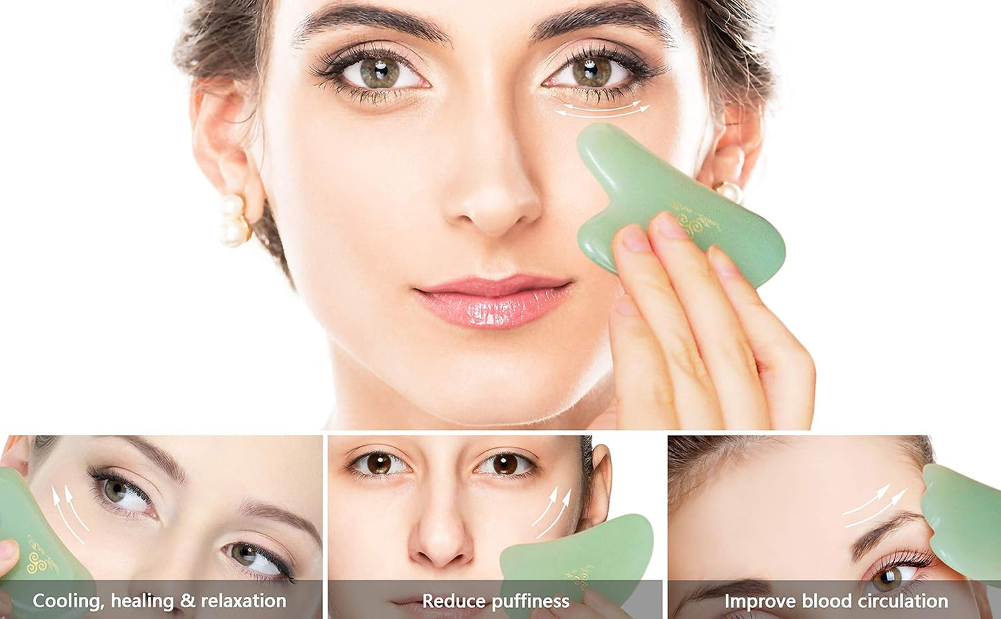 Set of 2 Facial Massagers for Skin Care, Facial Rejuvenation, Anti-wrinkles, Anti-Aging Facelift, Cosmetic Self-Treatment, Jade Massagers Gua Sha Plate for Women
