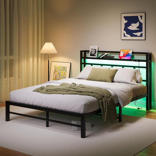 Maliacife Queen Bed Frame with Storage Headboard,Metal Platform Bed with USB Charging Station and Led Lights,Heavy Duty Steel Slats,Mattress Foundation, No Box Spring Needed,Easy Assembly,Black