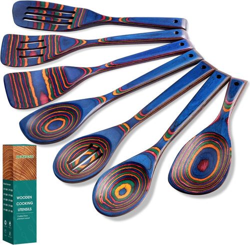 Wooden Spoons for Cooking, 7 Pcs Pakkawood Wooden Kitchen Cooking Spoon Utensil Tools Set Includes Spatula Corner Spoon Rice Paddle Friendly to Non-Stick Cookware by HOWHONG (Blue)