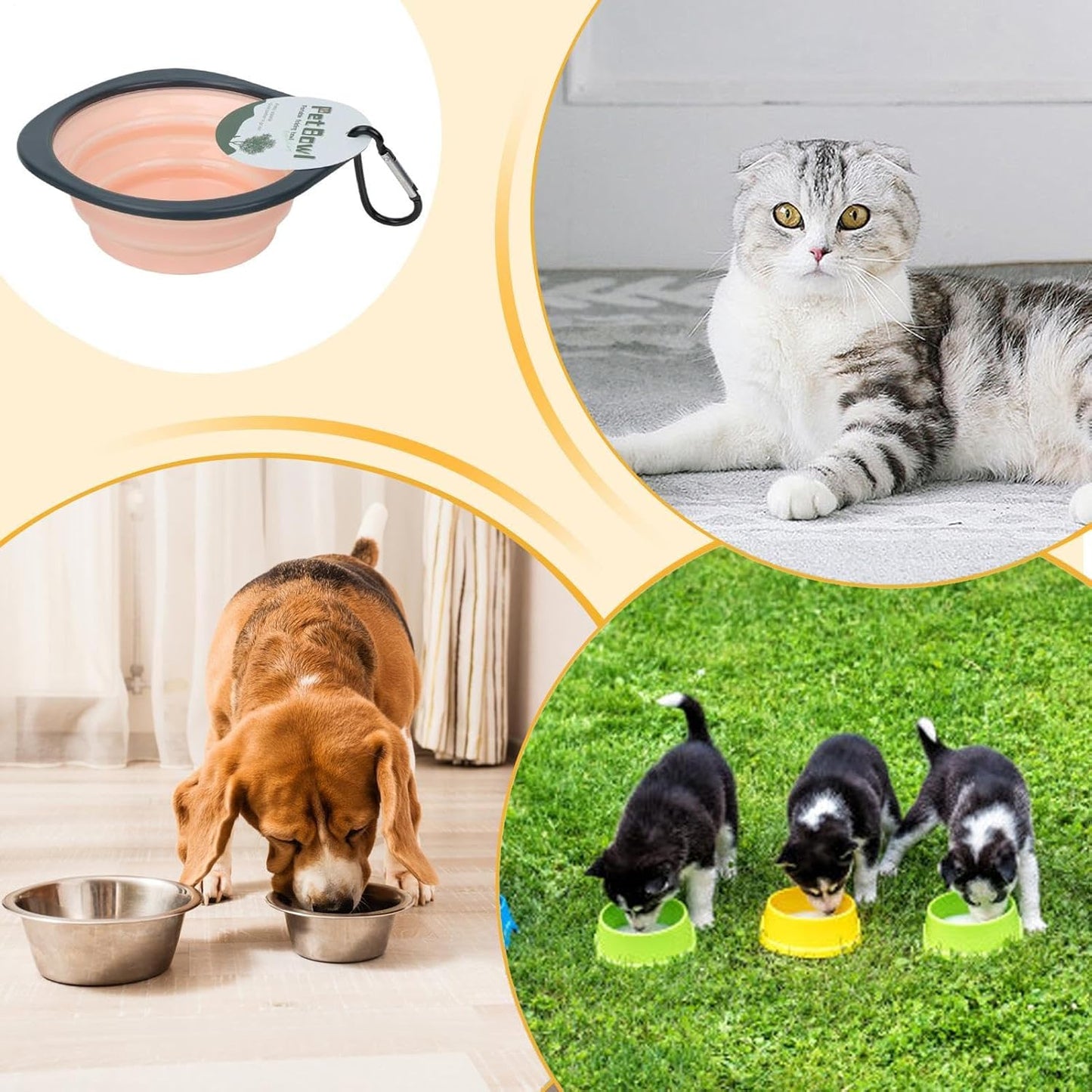 Foldable Dog Bowl - Silicone Dog Bowls | Portable Water Bowl Folding Dish | Water-Resistant Dog Pet Feeding Watering Dish with Carabiner Clip, Feeding Supplies for Outdoor Traveling Hiking Walking