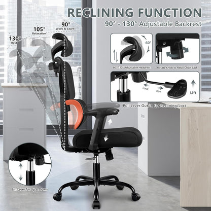 Winrise Office Chair Ergonomic Desk Chair, High Back Gaming Chair, Big and Tall Reclining chair Comfy Home Office Desk Chair Lumbar Support Breathable Mesh Computer Chair Adjustable Armrests(B-Orange)