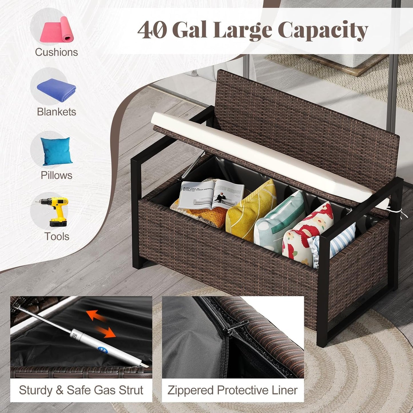 Tangkula 40 Gallon Outdoor Bench with Storage, Patio Wicker Storage Bench with Cushion, Cover, Metal Frame, Deck Box Seat for Backyard, Poolside, Balcony, Garden (Brown)