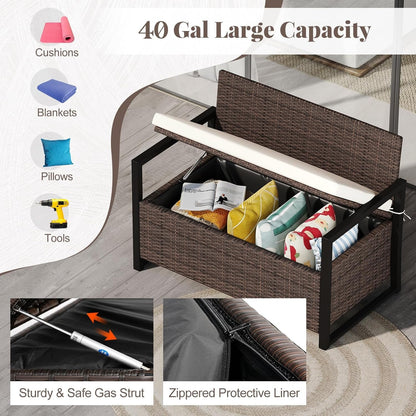 Tangkula 40 Gallon Outdoor Bench with Storage, Patio Wicker Storage Bench with Cushion, Cover, Metal Frame, Deck Box Seat for Backyard, Poolside, Balcony, Garden (Brown)