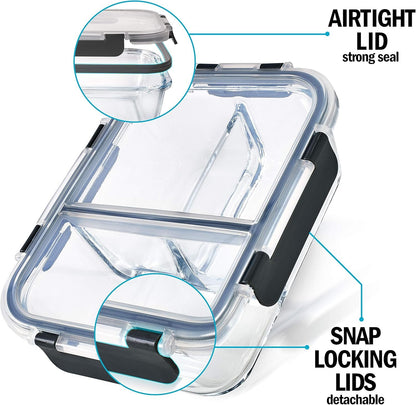 Igluu Meal Prep Glass 3 Compartment Container with Airtight SnapLock Lids - Portion Control Food Storage - BPA Free - Microwavable, Dishwasher and Oven Safe [3 Pack]