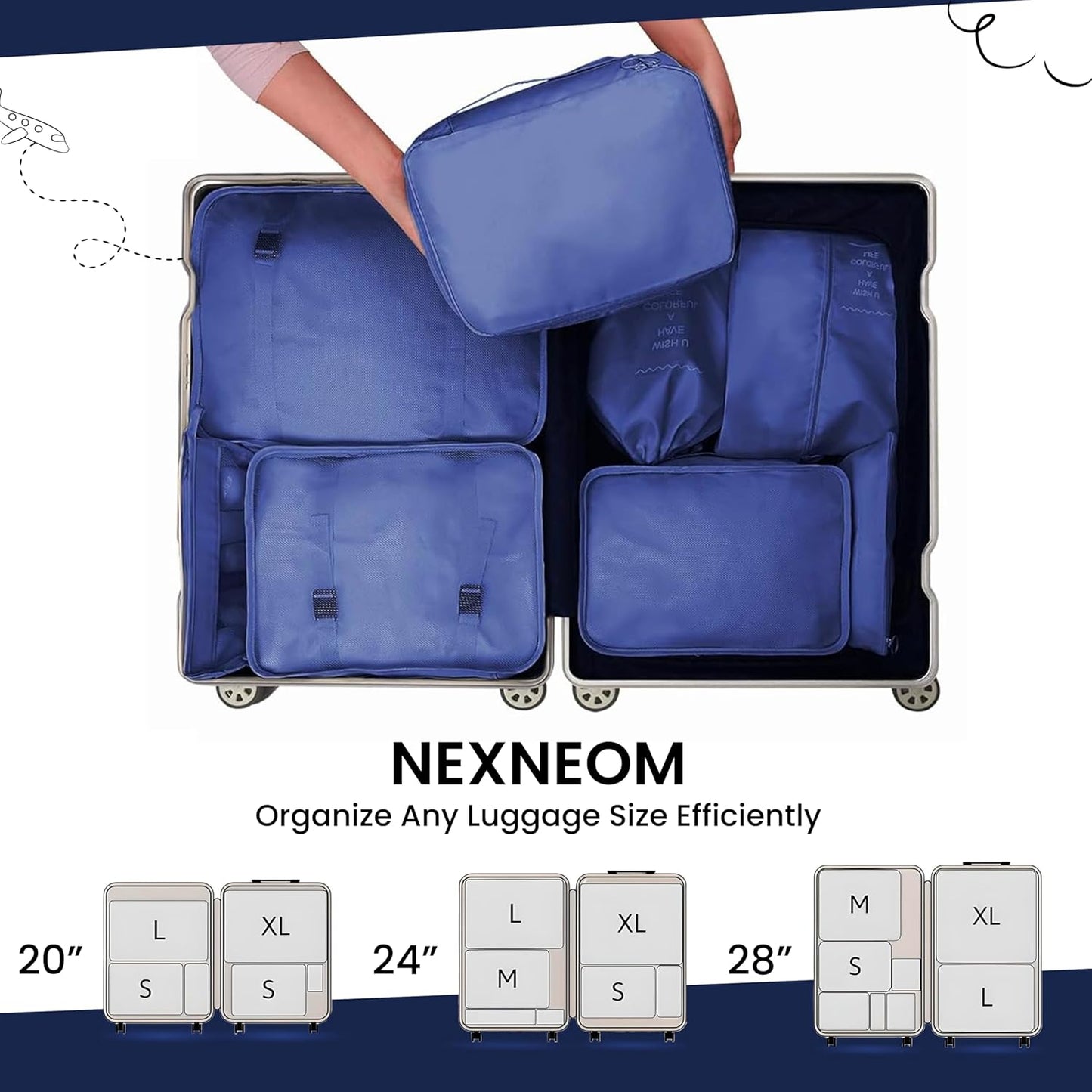 NEXNEOM Packing Cubes Blue Pack 9 - Multifunctional Clothing Sorting Package - Compression Packing Cube Nylon & Polyester Storage Bags Organisers - Waterproof Travel Packing Cube Set for Suitcase