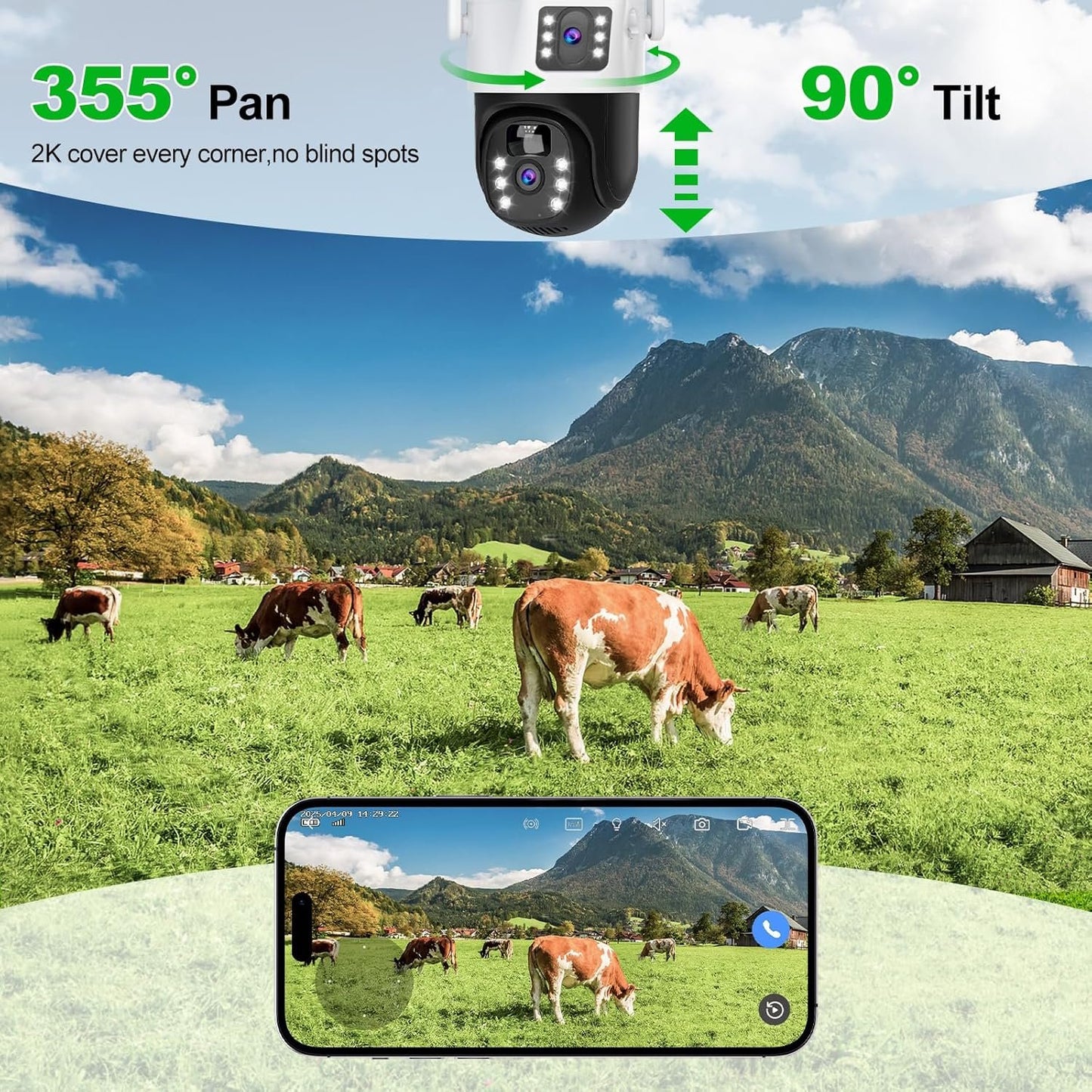 oolong Security Camera Outdoor Wireless with Dual Lens Dual PIR,10400mAh Battery,355Â°P 90Â°T, 8W Solar Panel,Solar Home WiFi Surveillance Ring Camera with Color Night Vision,64GB Card Included,IP66