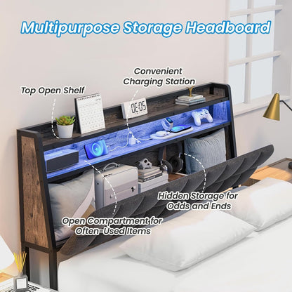 BedStory Bed Frame Full Size with Charging Station, LED Bed with Upgrade Upholstered Headboard, Ergonomic Bed Frame Headboard with Under Bed Storage, No Box Spring Needed, Noise Free Easy Assembly