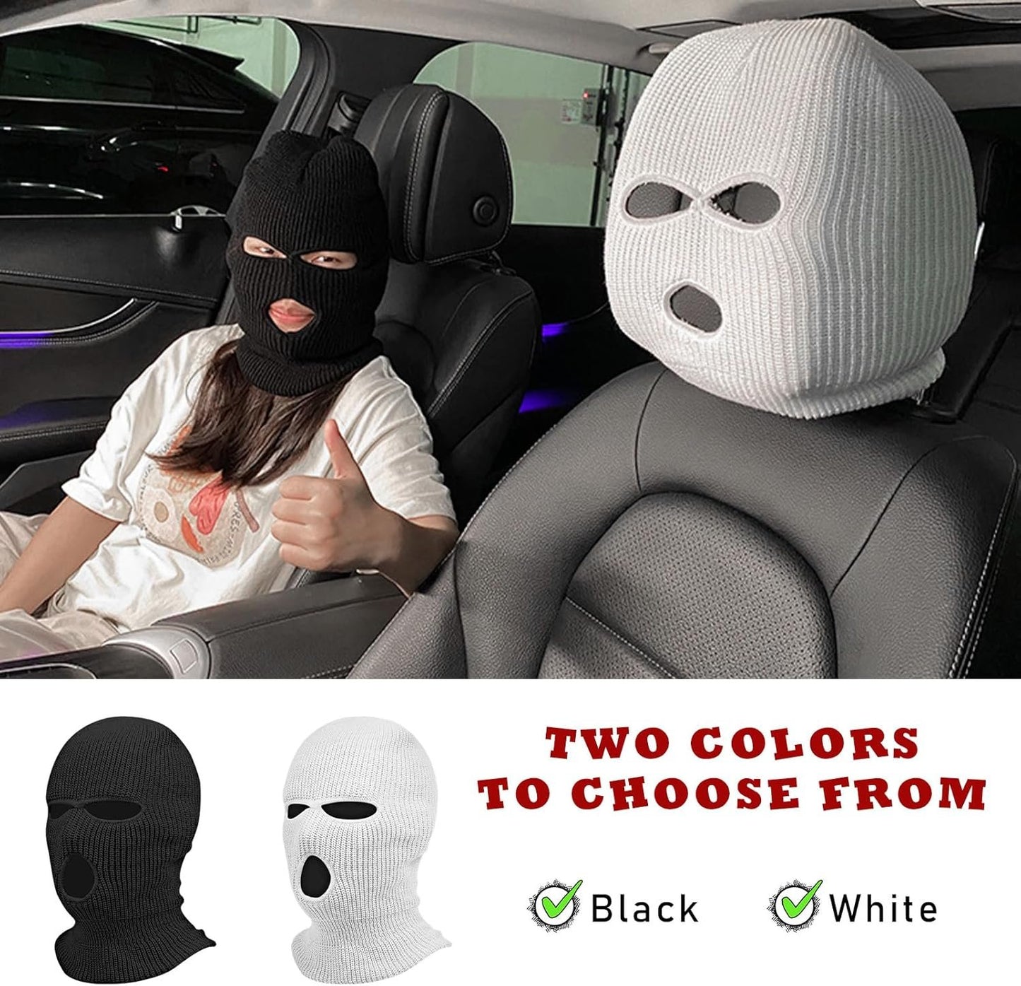 Suvnie 2 PCS Car Headrest Cover, Personalized Funny Car Seat Full Face Mask, Ski Mask Wrap Protection for Auto Front Seat Rest Decoration, Universal Interior Car Accessories (White)