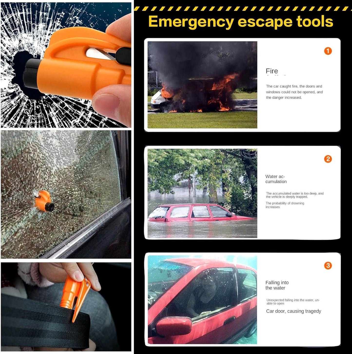 Mini Car Glass Window Safety Hammer Breaker and Emergency Whistle and Seat Belt Cutter 3 in 1 Escape Tool, 2 Pack