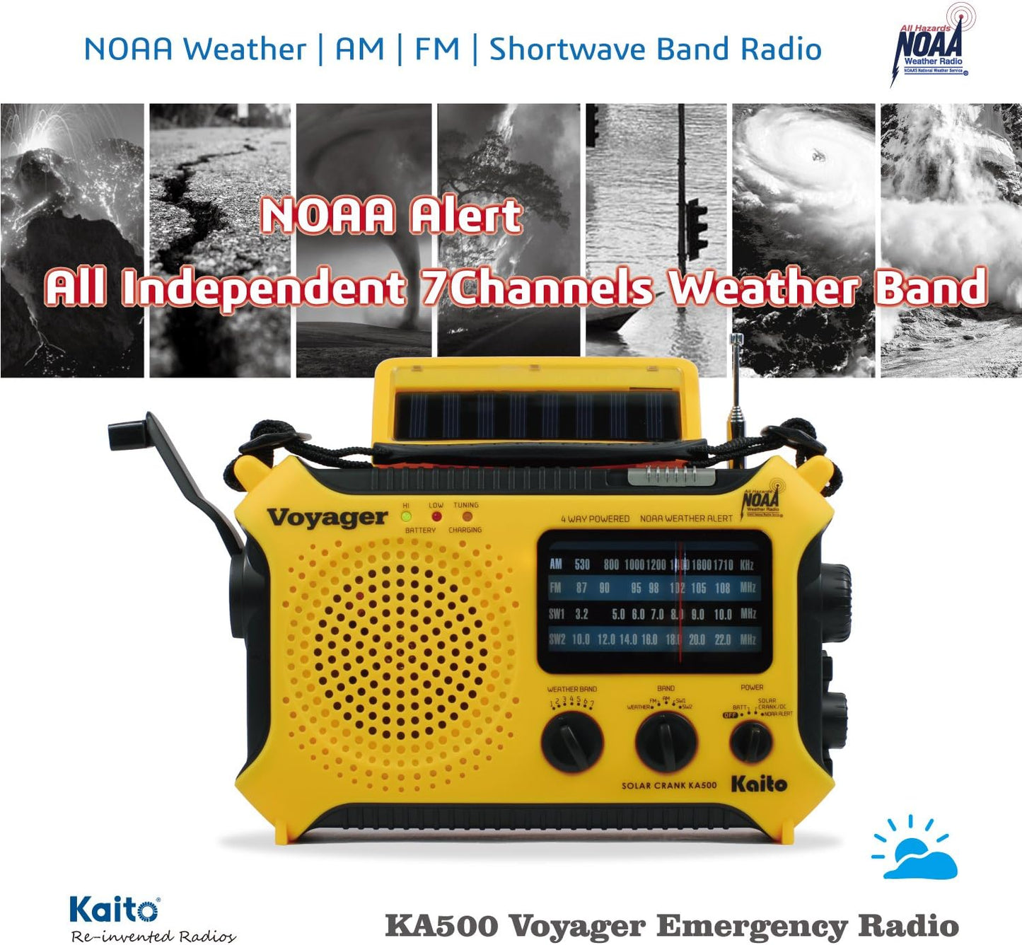 Kaito KA500 5-Way Powered Solar Power,Dynamo Crank, Wind Up Emergency AM/FM/SW/NOAA Weather Alert Radio with Flashlight,Reading Lamp and Cellphone Charger, Yellow