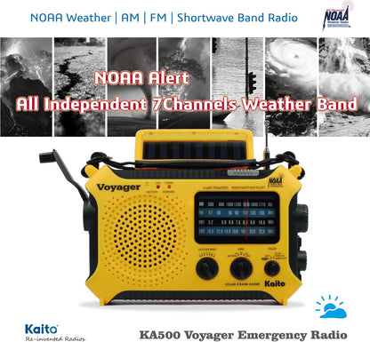 Kaito KA500 5-Way Powered Solar Power,Dynamo Crank, Wind Up Emergency AM/FM/SW/NOAA Weather Alert Radio with Flashlight,Reading Lamp and Cellphone Charger, Yellow