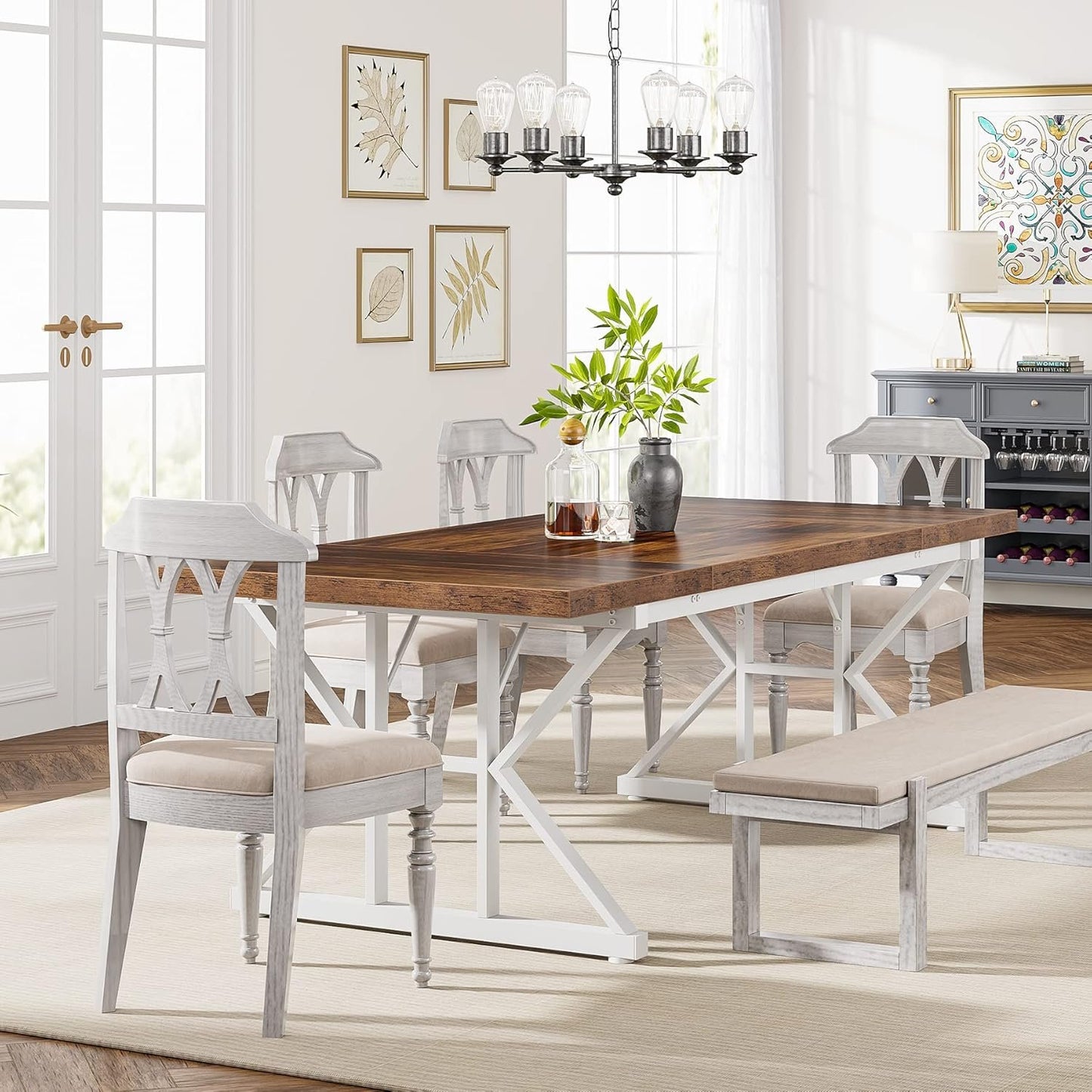 Tribesigns Farmhouse Dining Table for 6 People, 70.8-Inch Rectangular Wood Dining Table, Rustic Kitchen Table with Heavy Duty Metal Legs for Dining Room (Brown/White)