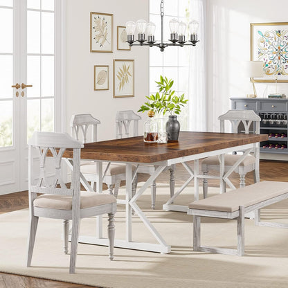 Tribesigns Farmhouse Dining Table for 6 People, 70.8-Inch Rectangular Wood Dining Table, Rustic Kitchen Table with Heavy Duty Metal Legs for Dining Room (Brown/White)