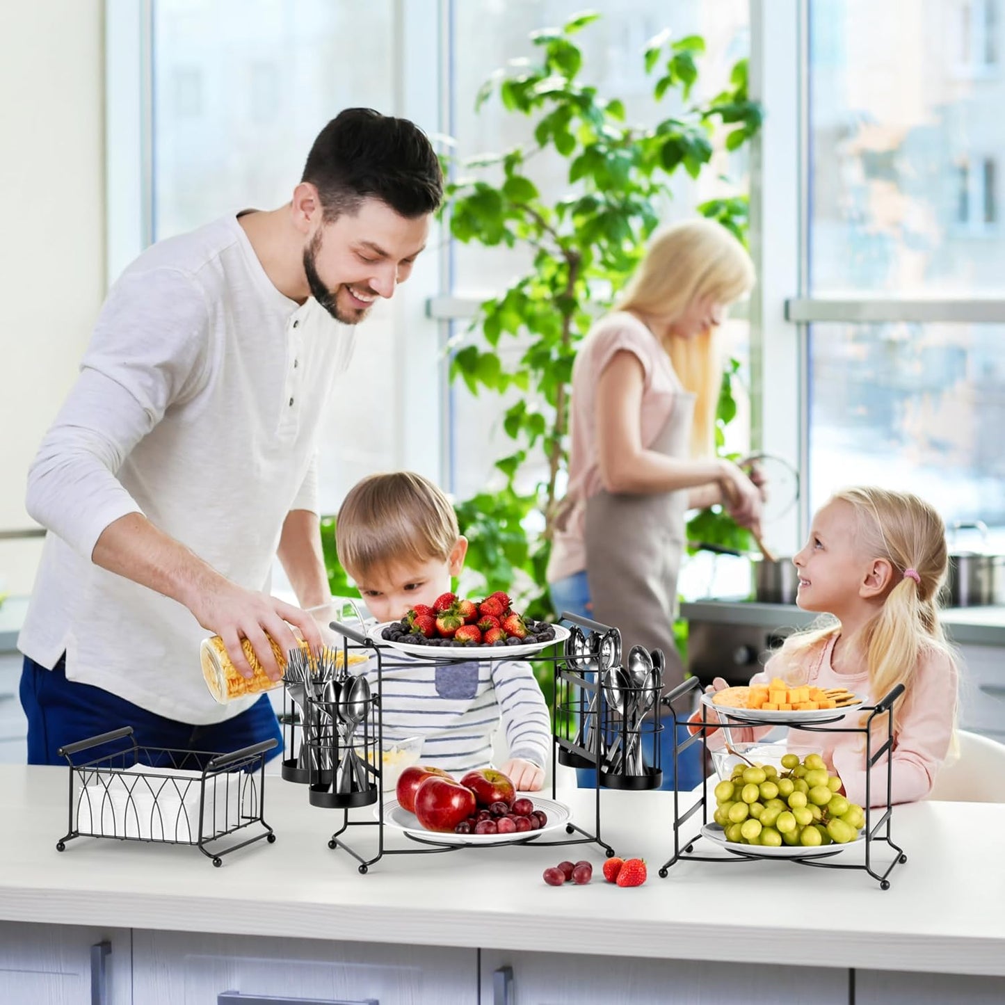 Sorbus Buffet Caddy — 7-Piece Stackable Set Includes Plate, Napkin, and Silverware Holder, 3-Tier Detachable Tabletop Organizer — Ideal for Kitchen, Dining, Entertaining, Parties,Thanksgiving (Black)
