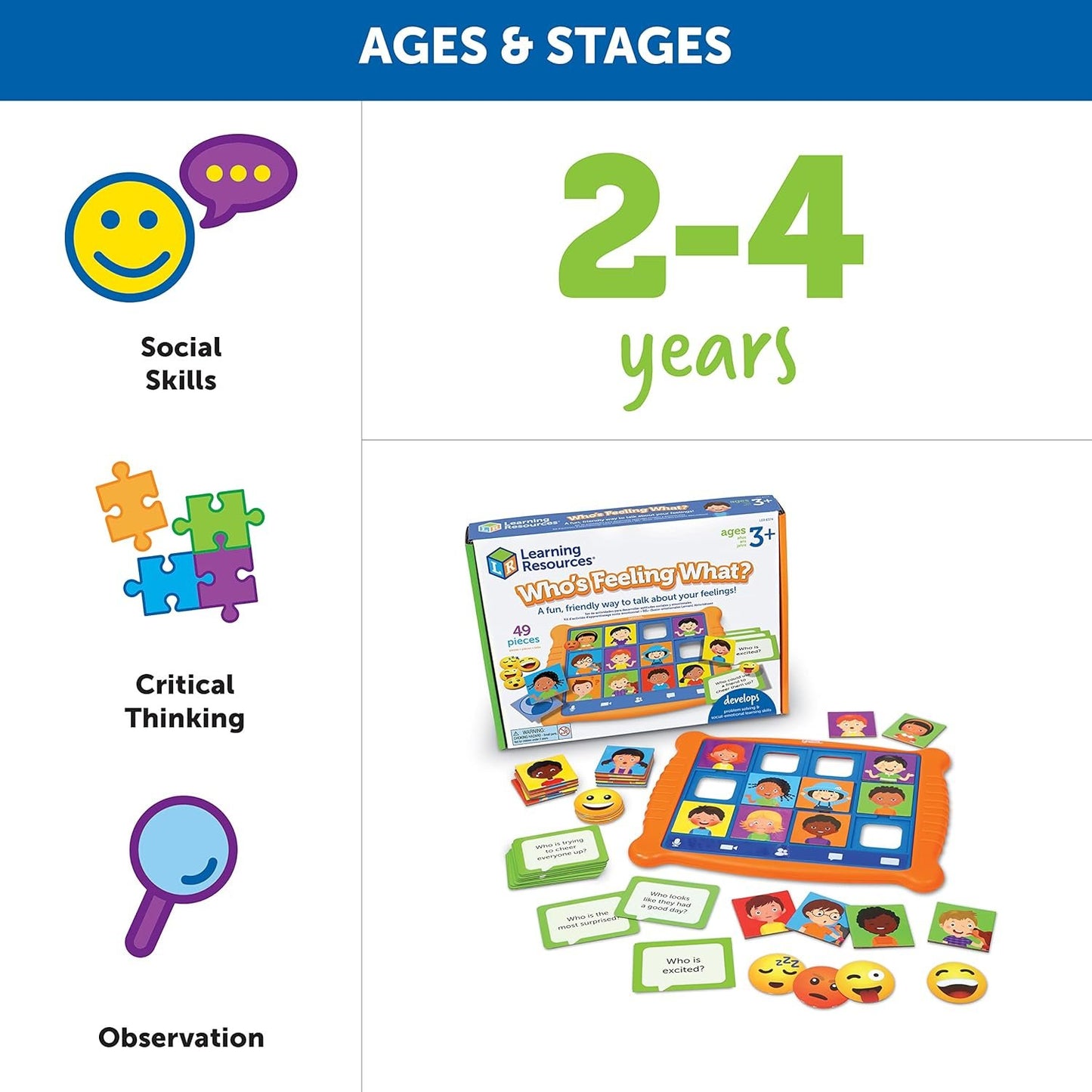 Learning Resources Who's Feeling What? 49 Pieces, Age 3+ Social Emotional Learning Games, Communication Games for Kids, Emotion Toys