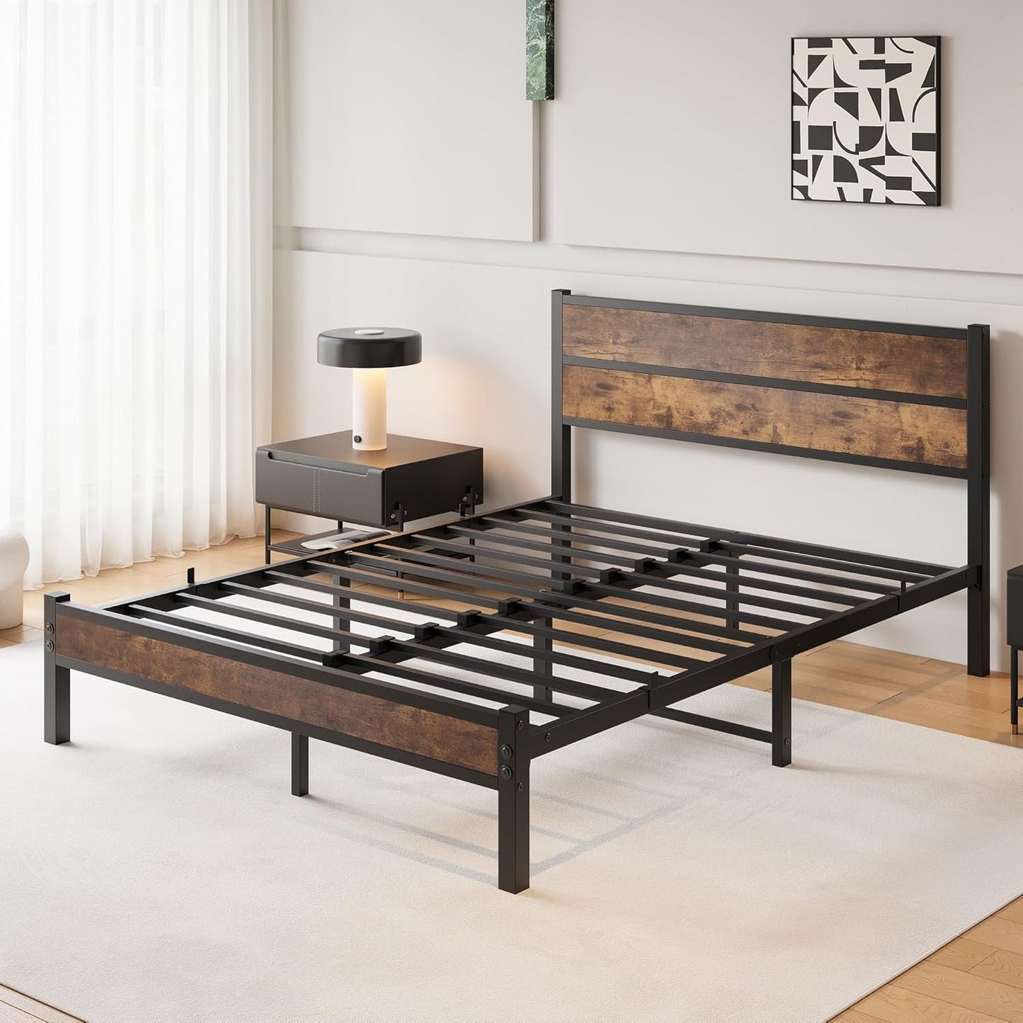DUMEE Queen Bed Frame with Wood Headboard and Footboard, Metal Bed Frame Queen Size Under Bed Storage, No Box Spring Needed, Enhanced Support Noise Free (Black+Brown Oak)