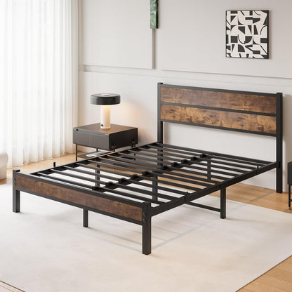 DUMEE Queen Bed Frame with Wood Headboard and Footboard, Metal Bed Frame Queen Size Under Bed Storage, No Box Spring Needed, Enhanced Support Noise Free (Black+Brown Oak)