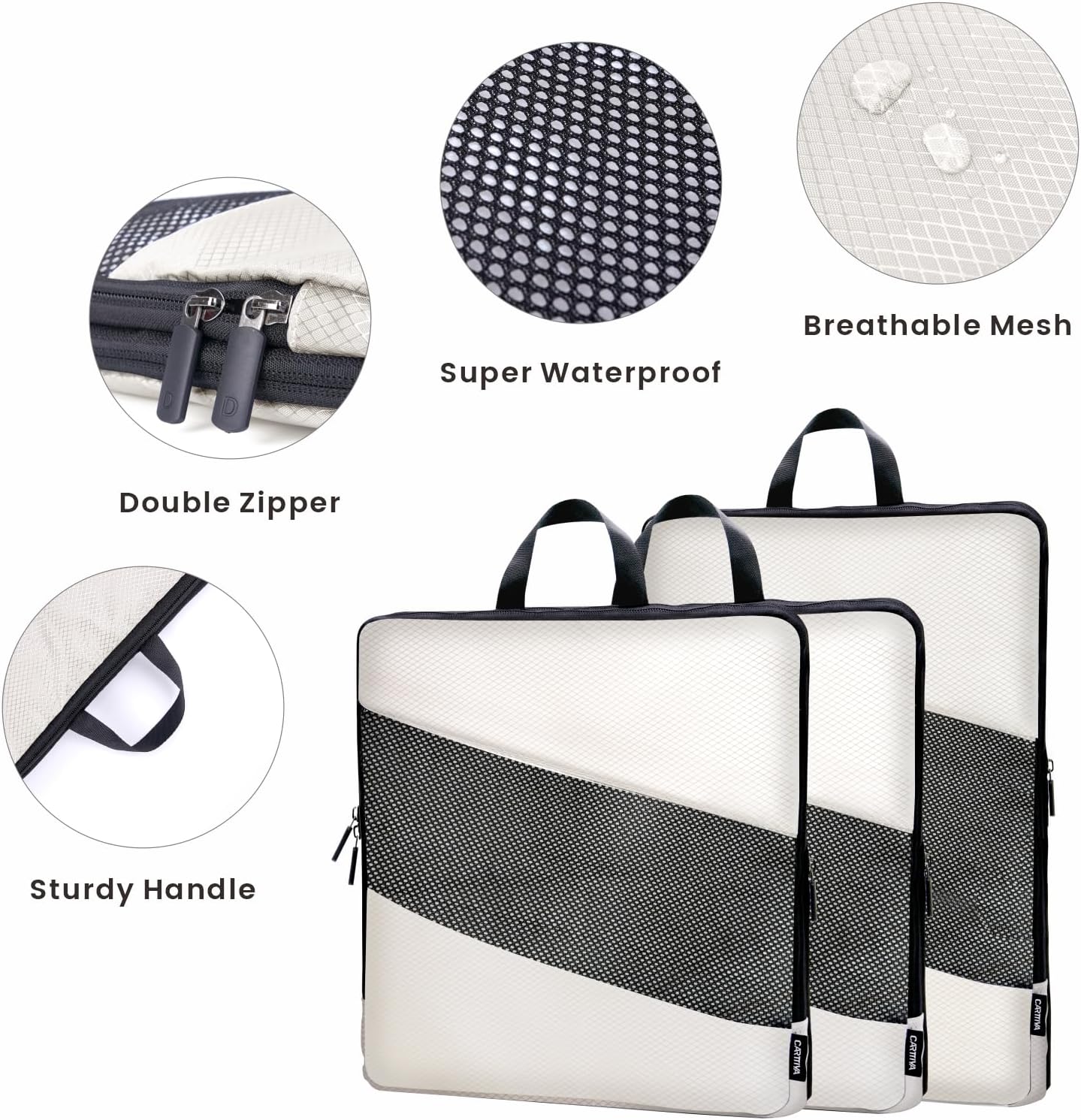 Carttiya Space-Saving Travel Suitcase Organizer Set, Waterproof Expandable Ultralight Compression Packing Cubes, Travel Suitcase Organizers, Travel Backpack Organizer, Cream White, 6 Pieces