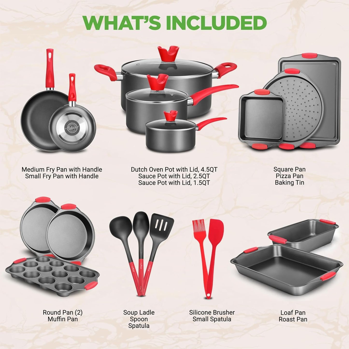 NutriChef, Cookware Set, Bakeware Set, Pots And Pan Set, Kitchen Essentials, Kitchen Utensils Set, 21 Piece Set, Black Nonstick Coating With Red Silicone Handles