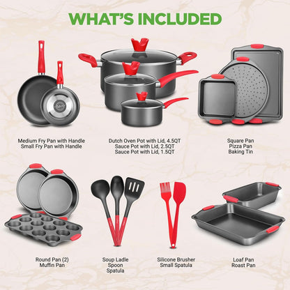 NutriChef, Cookware Set, Bakeware Set, Pots And Pan Set, Kitchen Essentials, Kitchen Utensils Set, 21 Piece Set, Black Nonstick Coating With Red Silicone Handles