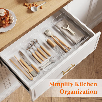 Lifewit Silverware Drawer Organizer, 5.75" x 11.65" Clear Utensil Tray for Kitchen Drawer, Stackable Plastic Flatware and Cutlery Storage Box Divider for Spoons Forks Knives Tools, 3 Pack
