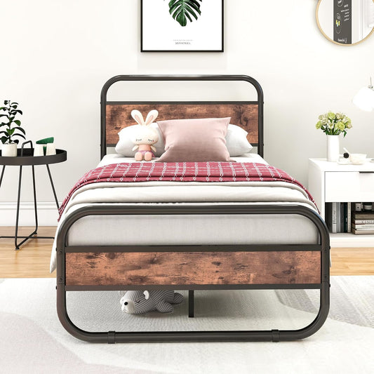 HAHRIR Metal Black Bed Frame with Wooden Headboard and Footboard, Heavy Duty Oval-Shaped Platform Bed with Under-Bed Storage, Steel Slats Mattress Foundation Round Pipe Design(Twin XL Size，Brown