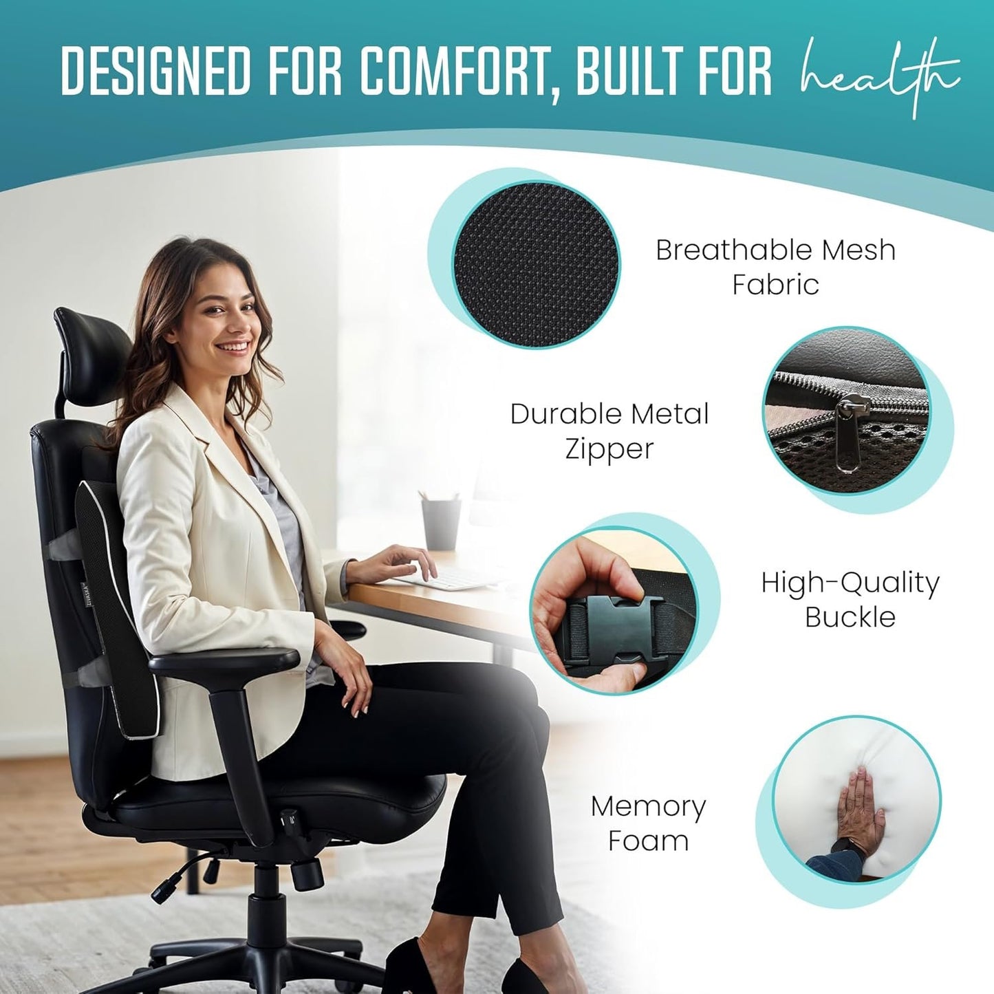 [2025 NEW] ZIVASKA Lumbar Support Pillow | Memory Foam Back Cushion for Back Pain Relief | Improves Posture | Mesh Cover |Double Adjustable Straps | For Office, Gaming Chairs, Car Seats, Recliners (2)