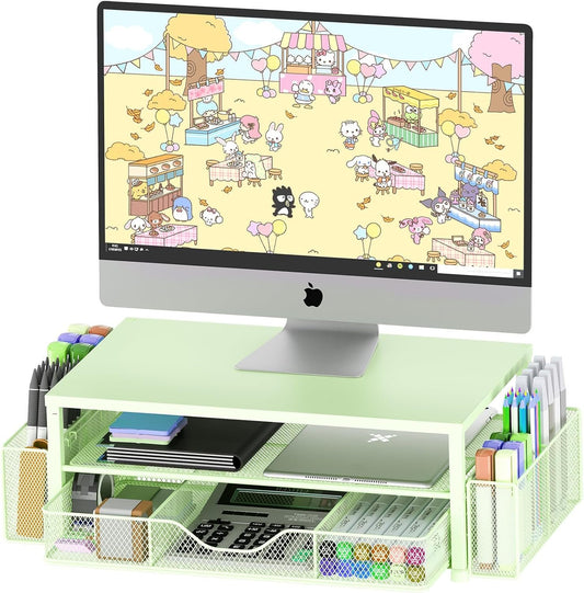 OPNICE Desk Organizers and Accessories, 2-Tier Computer Monitor Stand for Desk Organizer with Drawer and 2 Pen Holders, Office Desk Accessories Workspace Desktop Organizers for Office Supplies, Green
