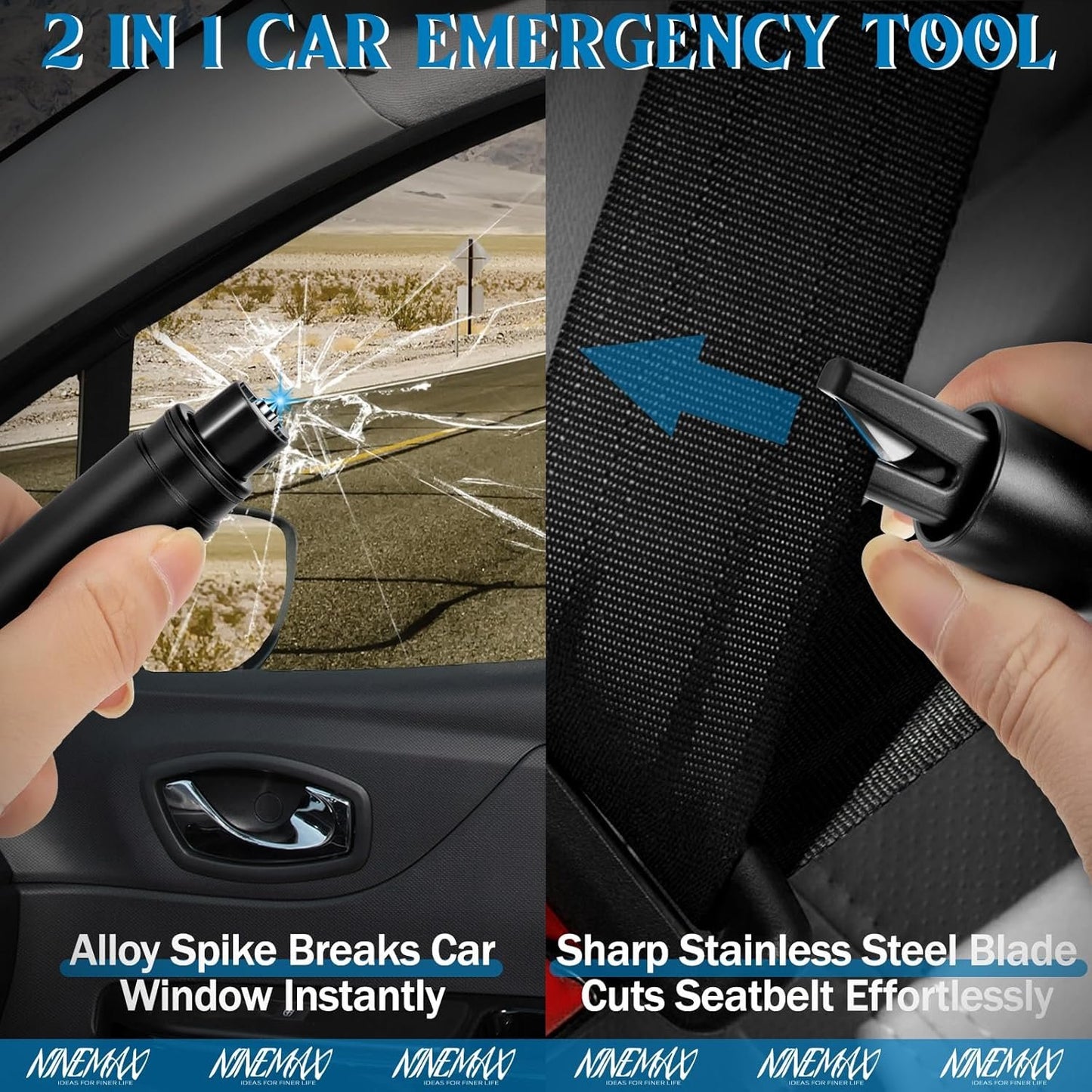NINEMAX Car Window Breaker Seatbelt Cutter, Pack of 2 Car Escape Glass Breaker Keychain Safety, 2-in-1 Emergency Rescue Window Punch Tool Underwater