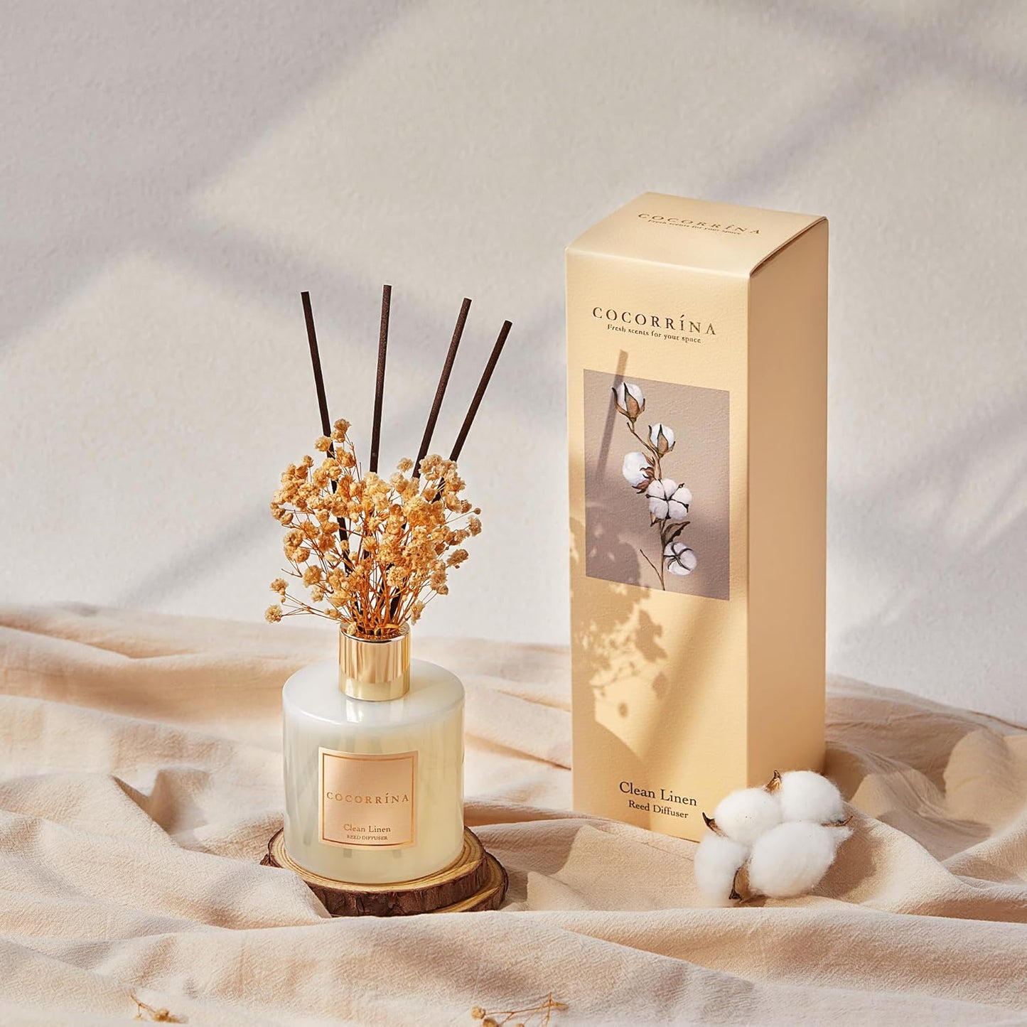 Cocorrína Reed Diffuser Set, 6.7 oz Clean Linen Scented Home Fragrance with Sticks for Bathroom Shelf Decor
