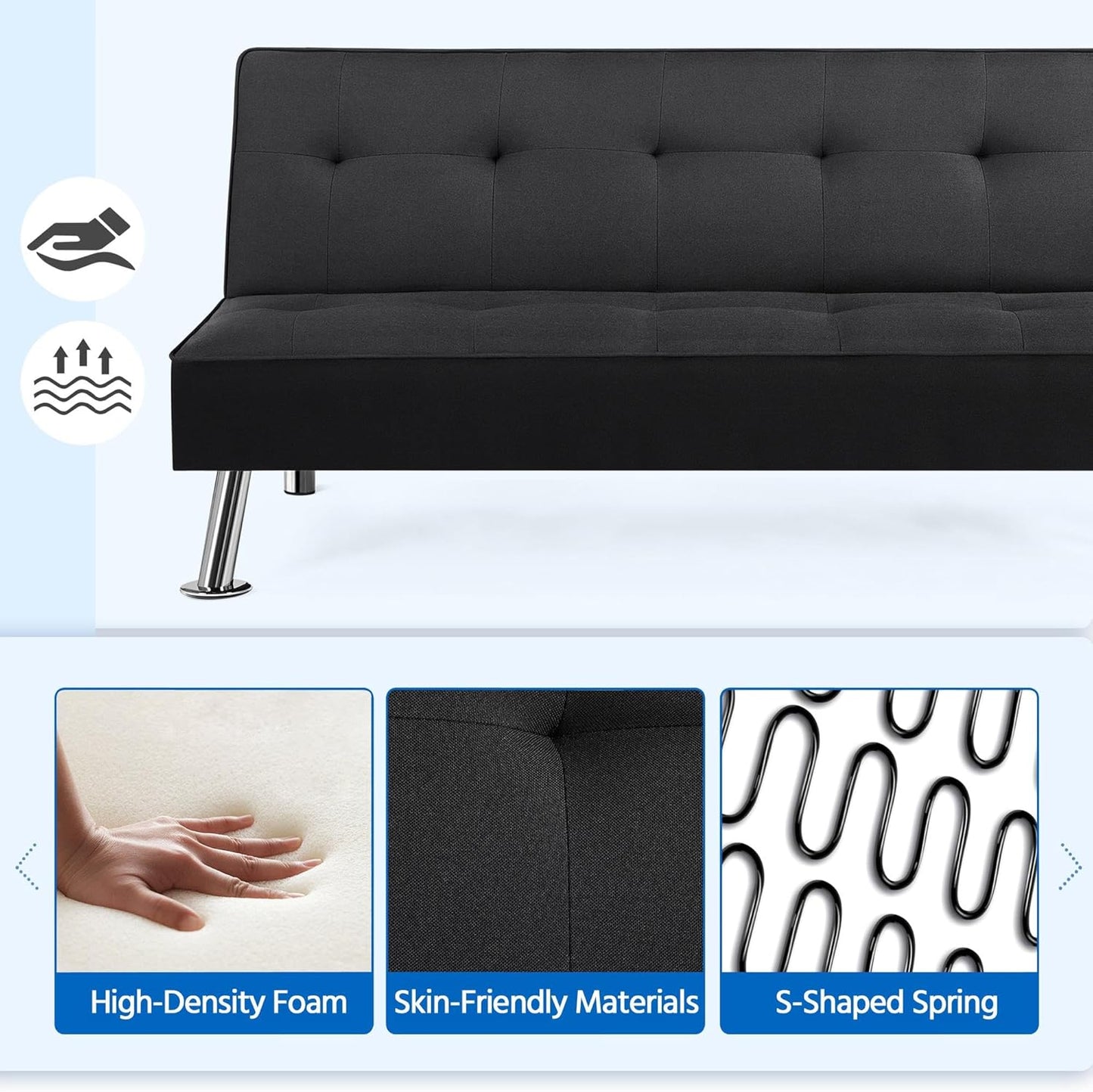 Yaheetech Sofa Bed Convertible Sofa Bed 3-Seater Padded Furniture Reclining Sofa with Metal Legs for Living Room Guest Bedroom Black/Fabric