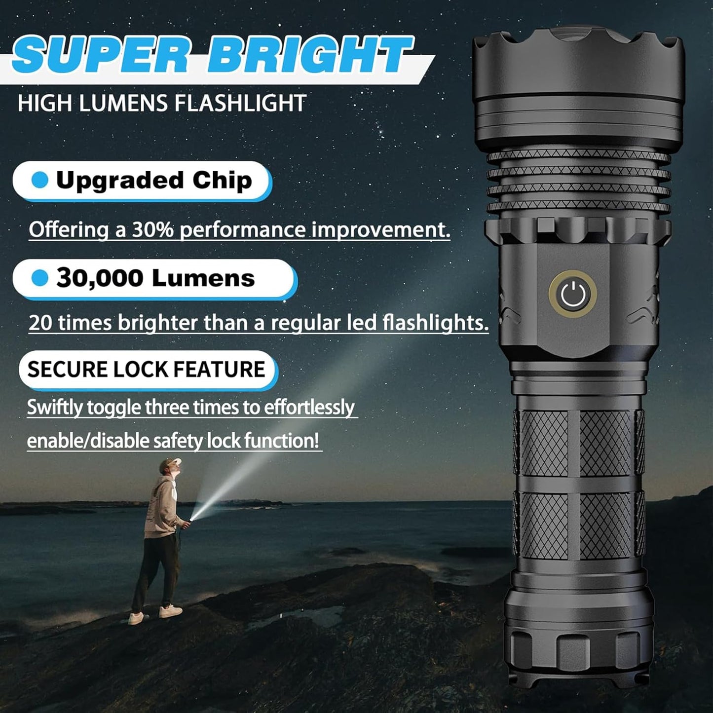 ASORT LED Torch Rechargeable Flashlight with High Lumens, 30000 Lumen Super Bright Torch, Powerful Zoomable IP67 Waterproof, Powerful Handheld Tactical Flashlight for Emergency Camping Hiking Gift