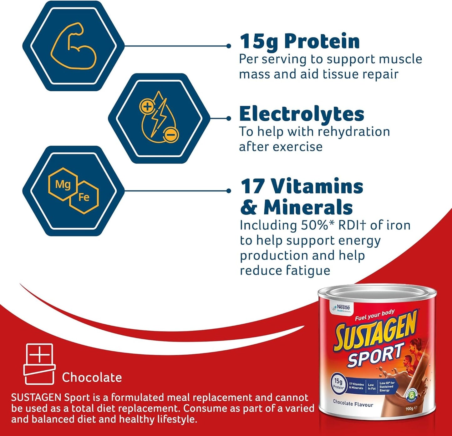 SUSTAGEN Sport High Protein Supplement Powder, Supports Lean Muscle Mass, 17 Vitamins & Minerals, Low GI, Chocolate Flavour, 900g