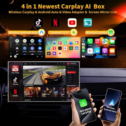 4-in-1 Carplay Ai Box,Wireless CarPlay & Android Auto Adapter,Compatible with Netflix/YouTube/TIK Tok/Screen Mirror Link/TF Card,Suitable for Cars Equipped with OEM Wired CarPlay,Plug & Play