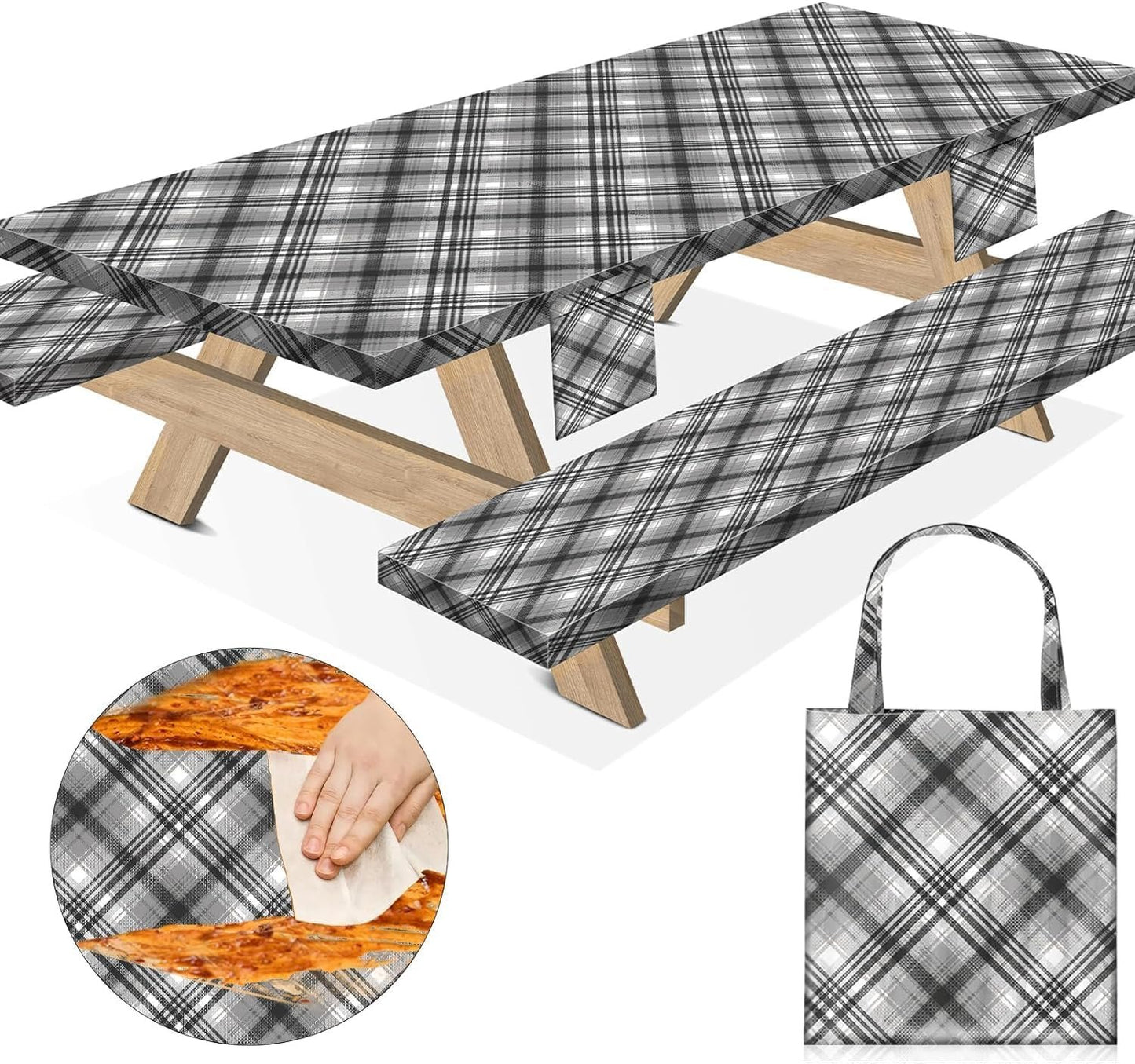 memkiya 96×30Inches Picnic Table Cover with Bench Covers 8Ft Reusable Polyester Camping Tablecloths for Fall Autumn Rv Travel Living Must Haves Outdoor Gear Accessories Gift for Camper Checkered Black