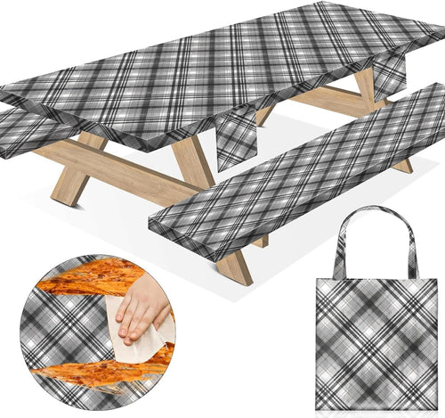 memkiya 96×30Inches Picnic Table Cover with Bench Covers 8Ft Reusable Polyester Camping Tablecloths for Fall Autumn Rv Travel Living Must Haves Outdoor Gear Accessories Gift for Camper Checkered Black