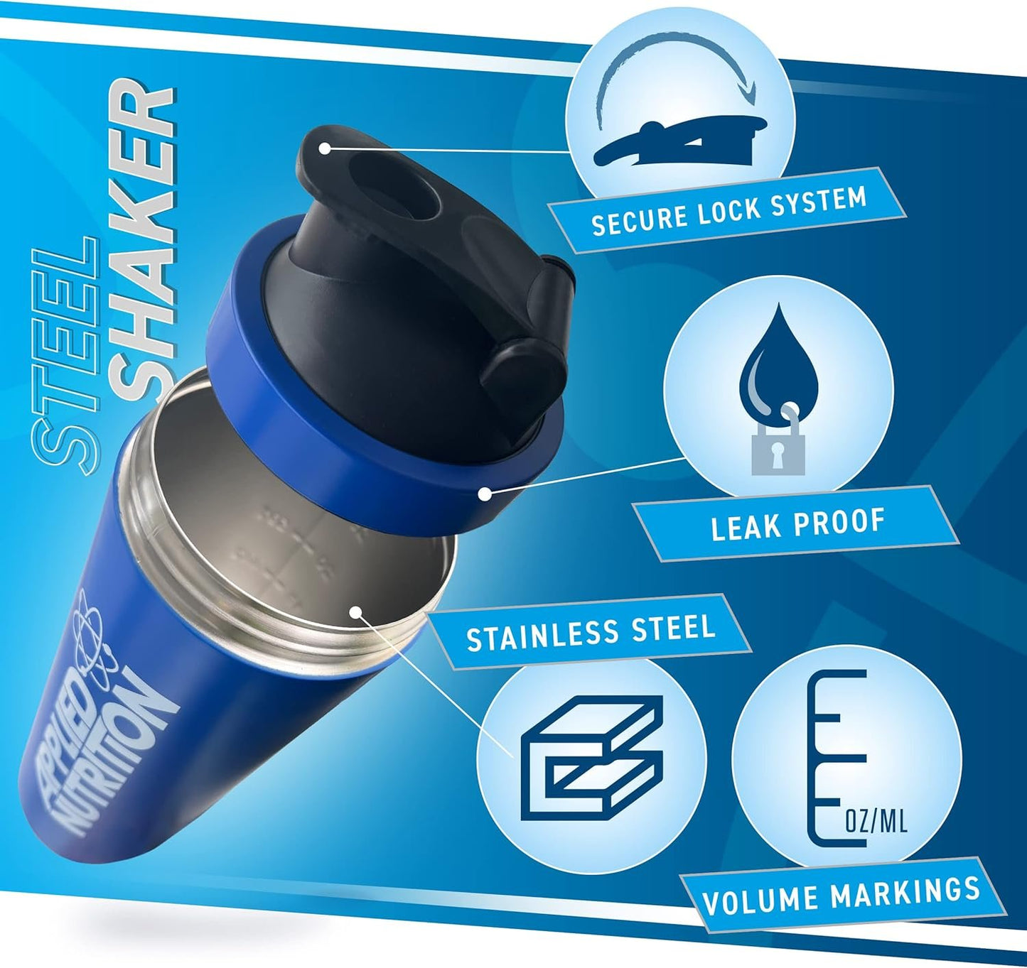 Applied Nutrition Bundle Metal Protein Shaker + 5 Samples Bundle - Sports Supplements Stainless Steel Shaker, Metal Shaker Bottle, Durable and Lightweight (750ml)