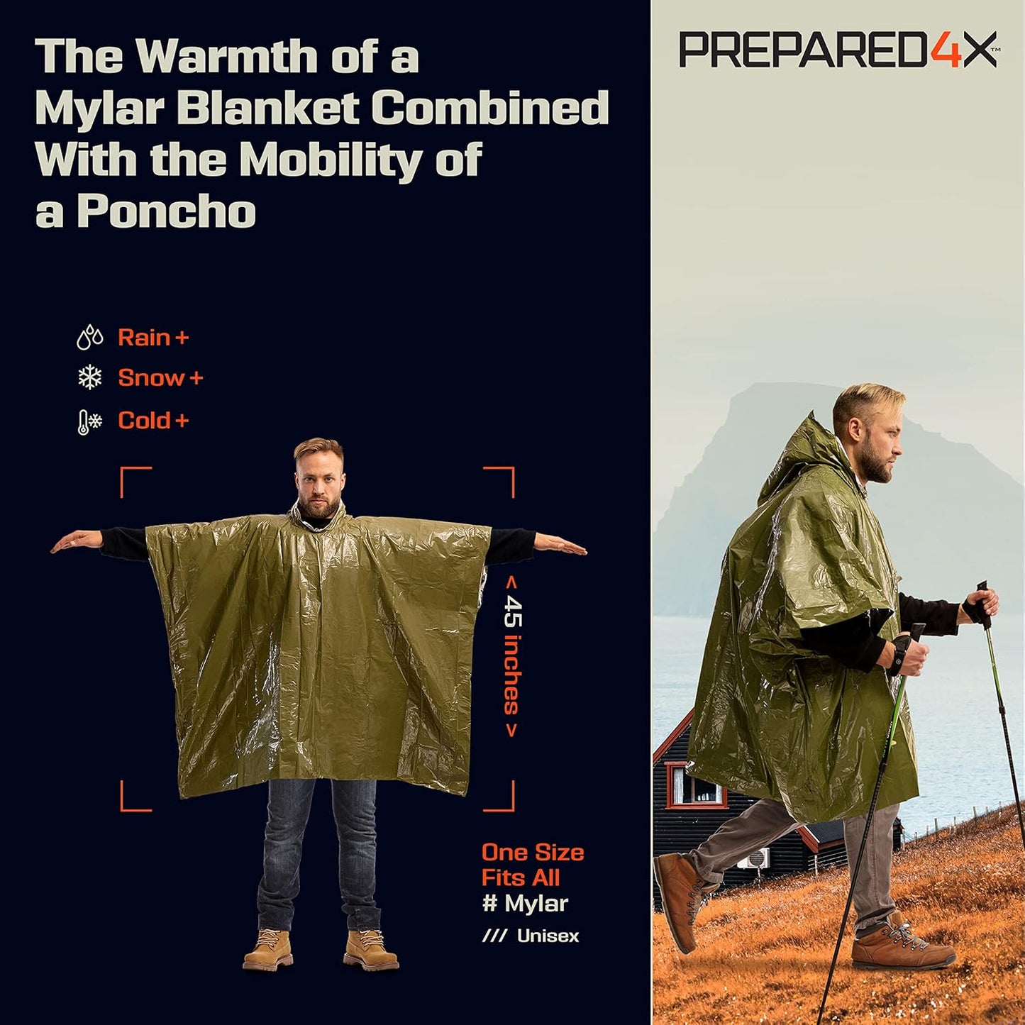 PREPARED4X Emergency Rain Poncho with Mylar Blanket Liner - Survival Blankets for Car - Heavy Duty, Waterproof Camping Gear, Tactical Prepper Supplies–
