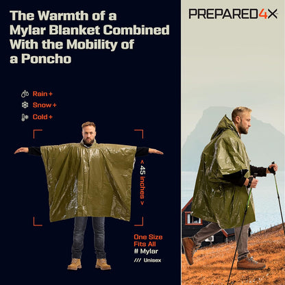 PREPARED4X Emergency Rain Poncho with Mylar Blanket Liner - Survival Blankets for Car - Heavy Duty, Waterproof Camping Gear, Tactical Prepper Supplies–