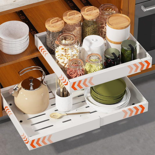 1 Pack Expandable Pull Out Cabinet Organizer 21" Deep, Adjustable Width 12.6"-20.5", No Drill Adhesive with Triple Track Rails, Heavy Duty Slide Out Drawers for Kitchen, Pantry, Cabinets,White