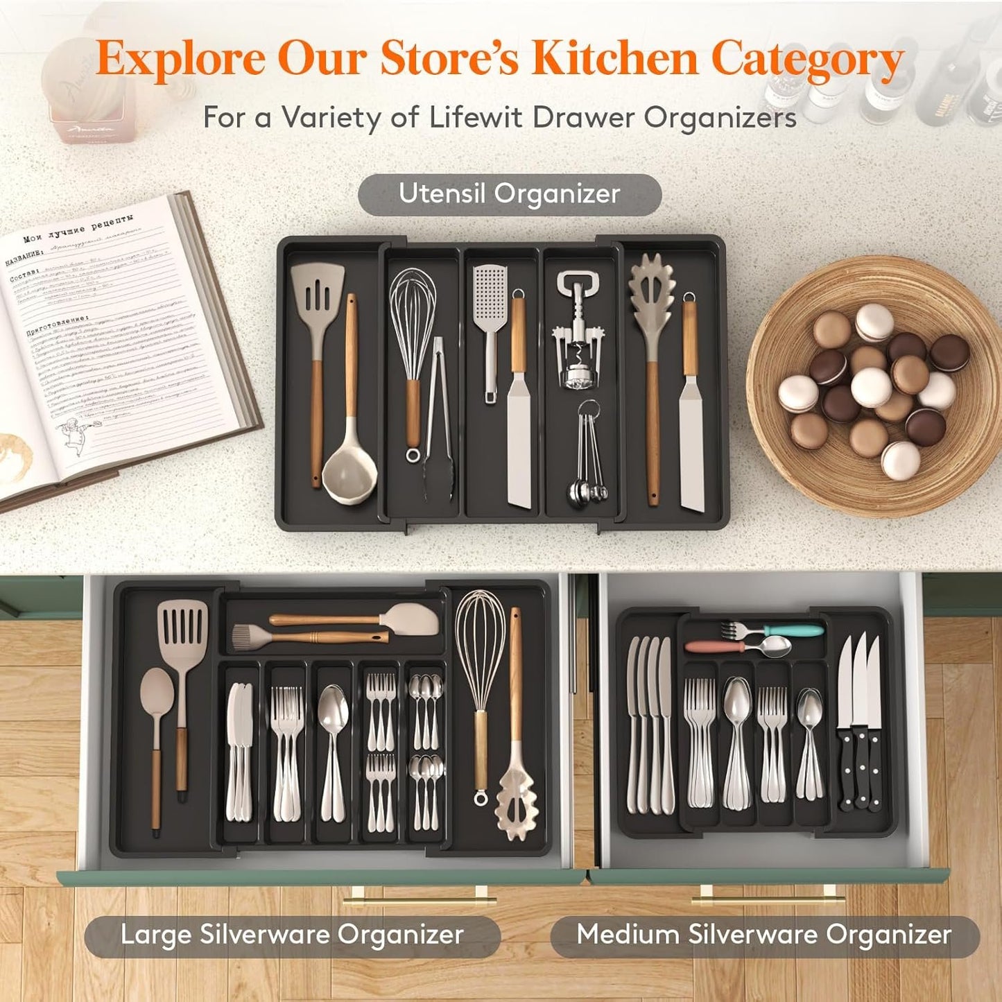 Lifewit Small Cutlery Organizer, Expandable Utensil Organizer for Kitchen, Utensil Holder, Adjustable Cutlery Rack Organizer for Spoons, Knives, Kitchen Organizers and Storage, Black