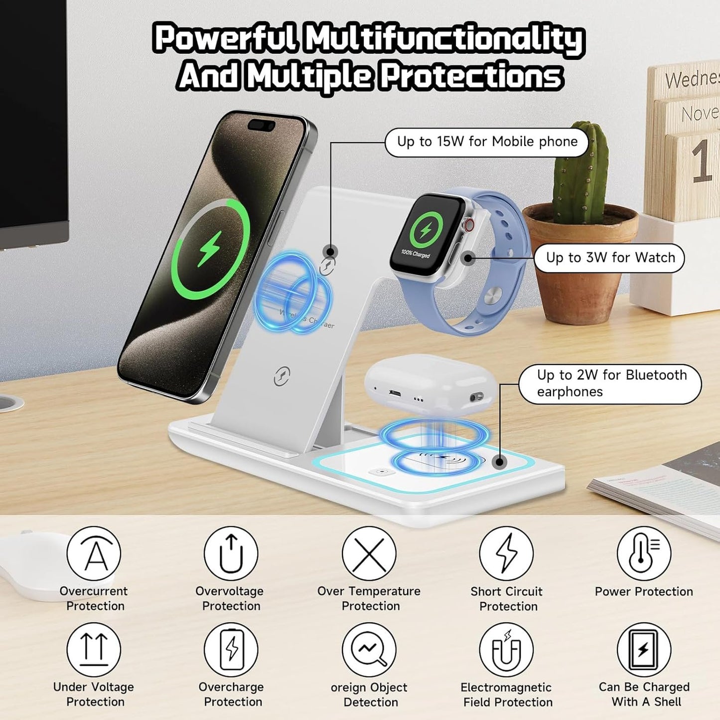 Naxifly Wireless Charging Station,15W Fast Wireless 3 in 1 Charging Station,Universal for Android and iPhones Wireless Charger for iPhone 16/15/14/13/12 Pro & Max Series,AirPods,Apple Watch (White)