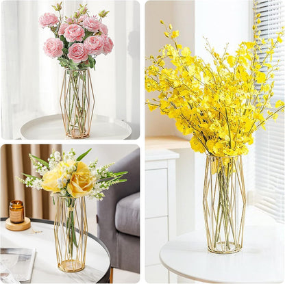 Decorative Indoor Glass Vase with Metallic Geometric Stand, Crystal Terrarium, Glass Vase for Hydroponic Plants and Flowers, Wedding Centerpieces and Interior Decoration