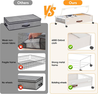 2 Pack Under Bed Storage with Wheels, DEWVIE Metal Under Bed Storage Containers with PVC Clear Lids, Rolling Under Bed Shoe Storage Organizer Under Bed Drawers for Clothes, Books, Toys (White)